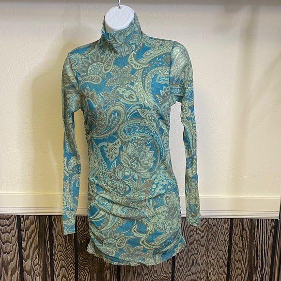 Sweet Pea Dresses & Skirts - Sweet Pea Blue and Green Paisley y2k Mesh Long Sleeve Dress